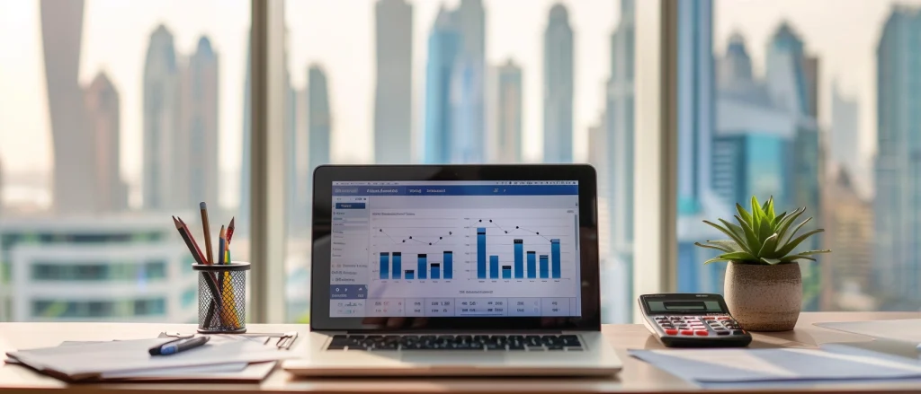 Desk with laptop spreadsheet and bills representing average monthly salary and cost of living in Dubai
