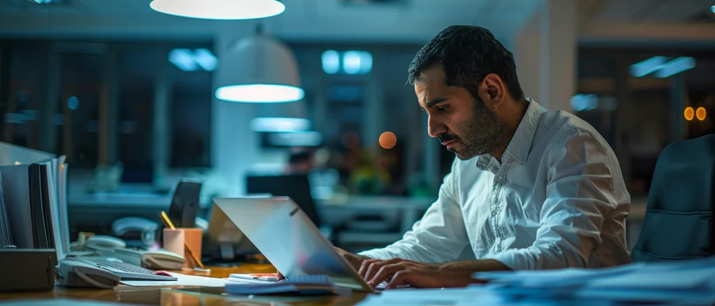 Employee working late in office calculating overtime pay with documents and laptop