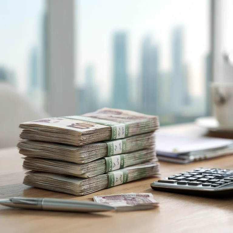 Stacks of UAE dirham banknotes with calculator representing average salary in Dubai
