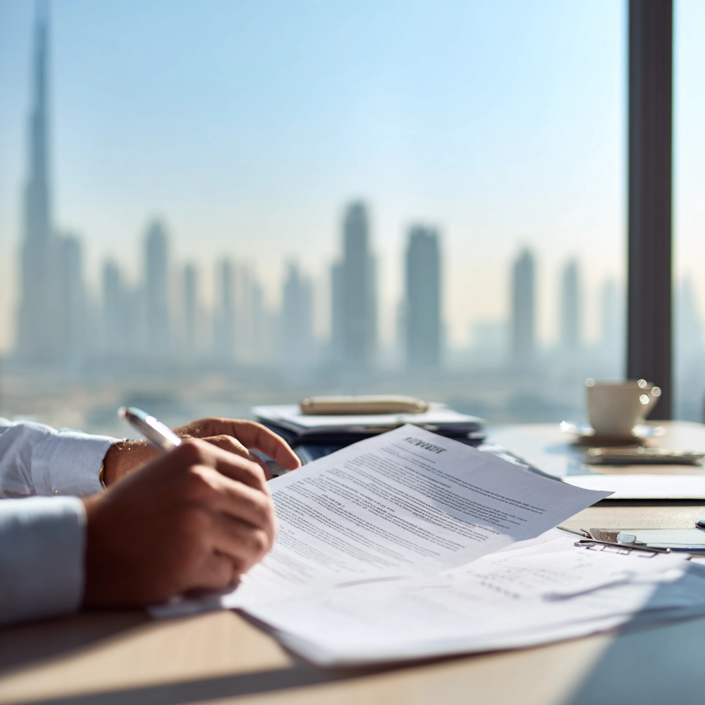 Employee reviewing employment contract with a calendar representing one year of service eligibility for gratuity in the UAE.
