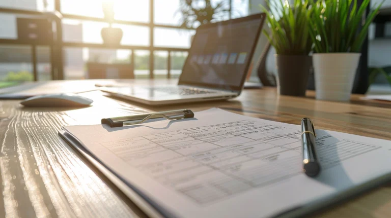 Employment contract, evaluation checklist, and calendar illustrating probation period rules in the UAE