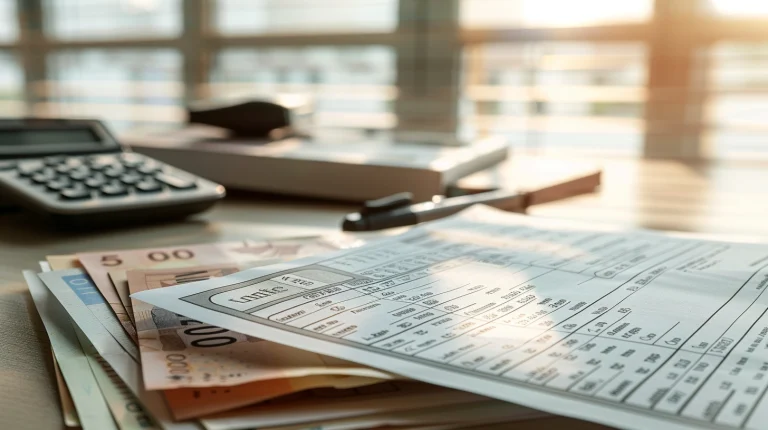 Leave salary calculation documents with calculator and UAE dirhams on desk