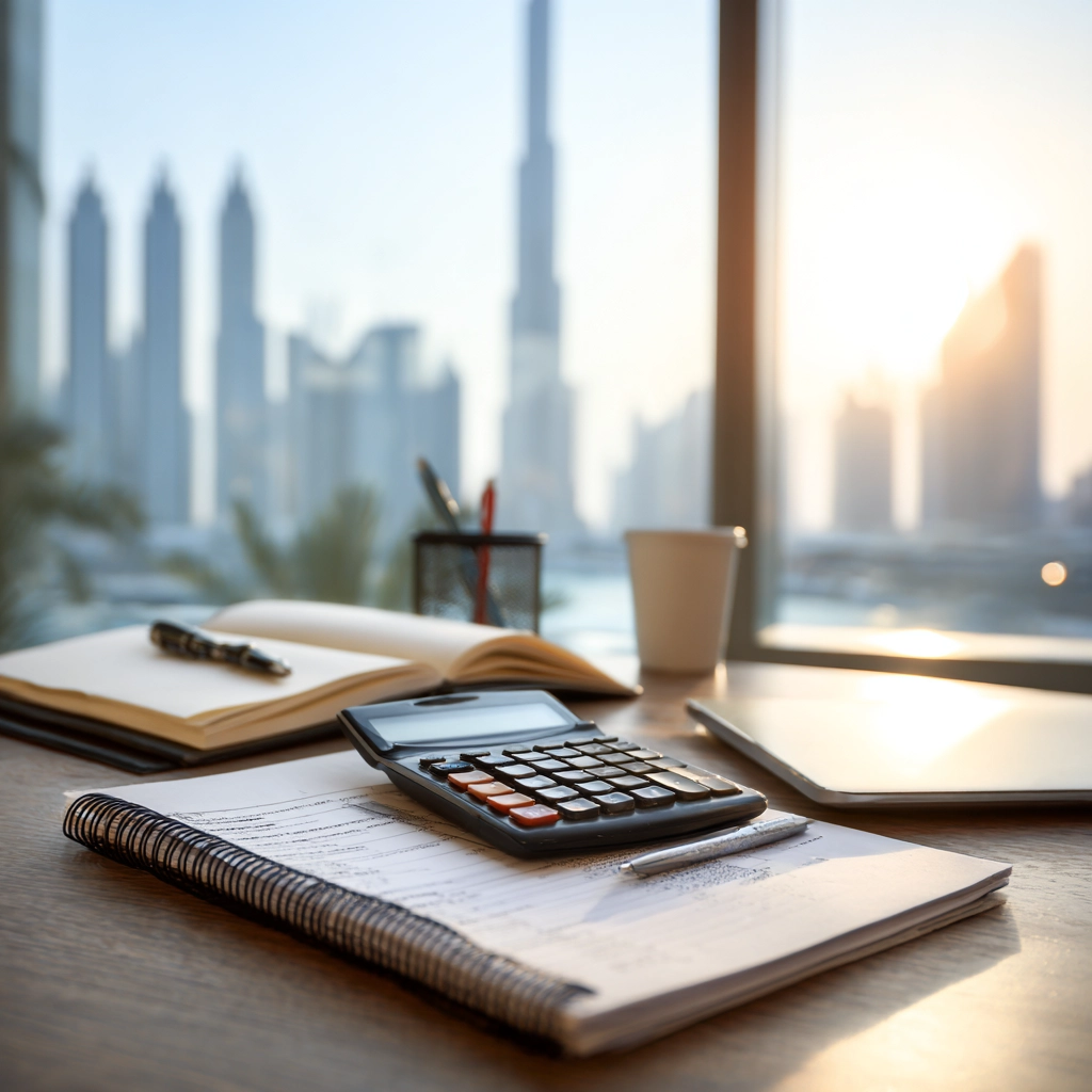 Employment contract, evaluation checklist, and calendar illustrating probation period rules in the UAE